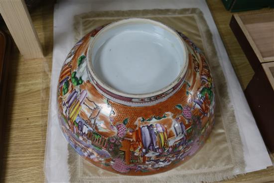 A Chinese famille rose mandarin pattern punch bowl, Qianlong period, diameter 32.5cm, chipped and cracked